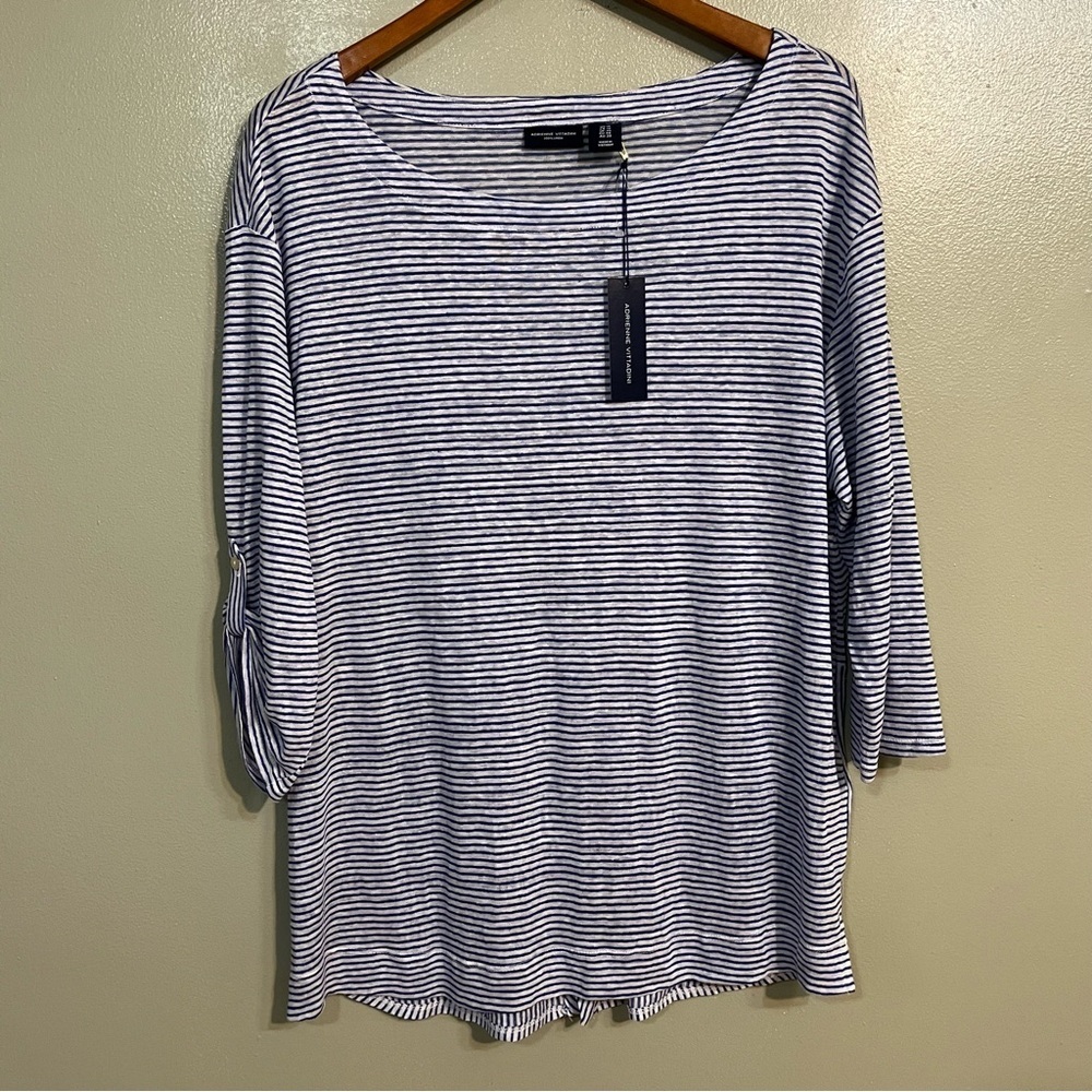 Adrienne Vittadini  Navy Blue Striped Women's Top 100% Linen Summer 1X NWT